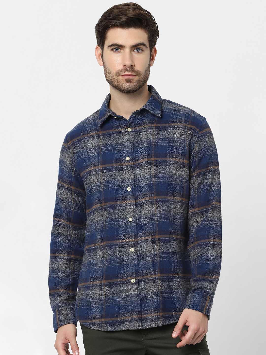 

SELECTED Men Navy Blue Opaque Checked Flannel Casual Shirt