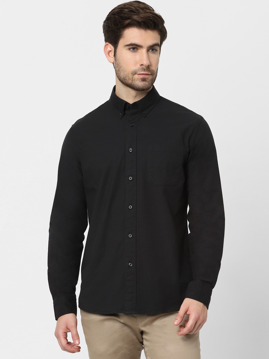 

SELECTED Men Black Opaque Button-Down Collar Casual Shirt