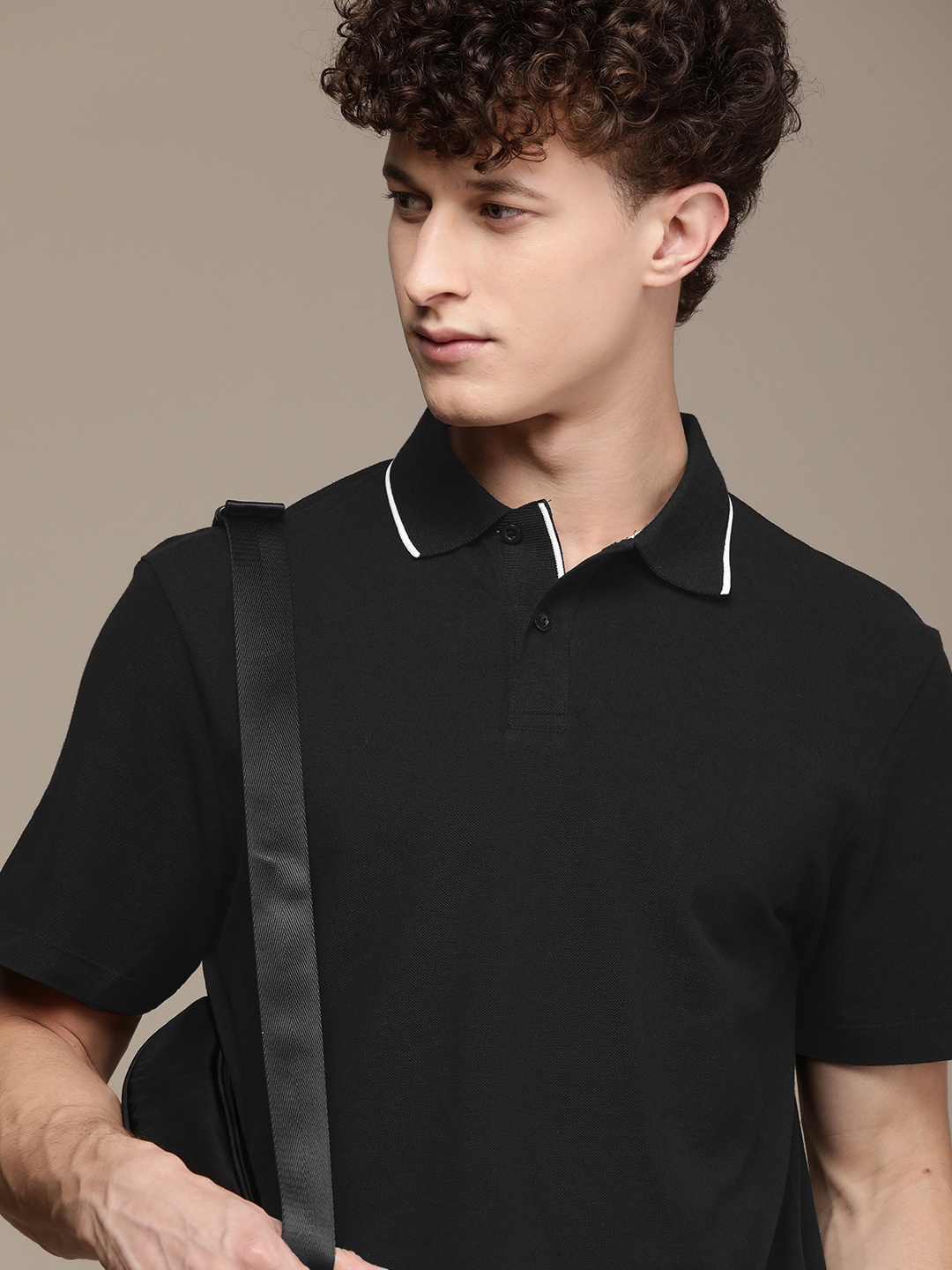

SELECTED Men Black Polo Collar Organic Cotton T-shirt