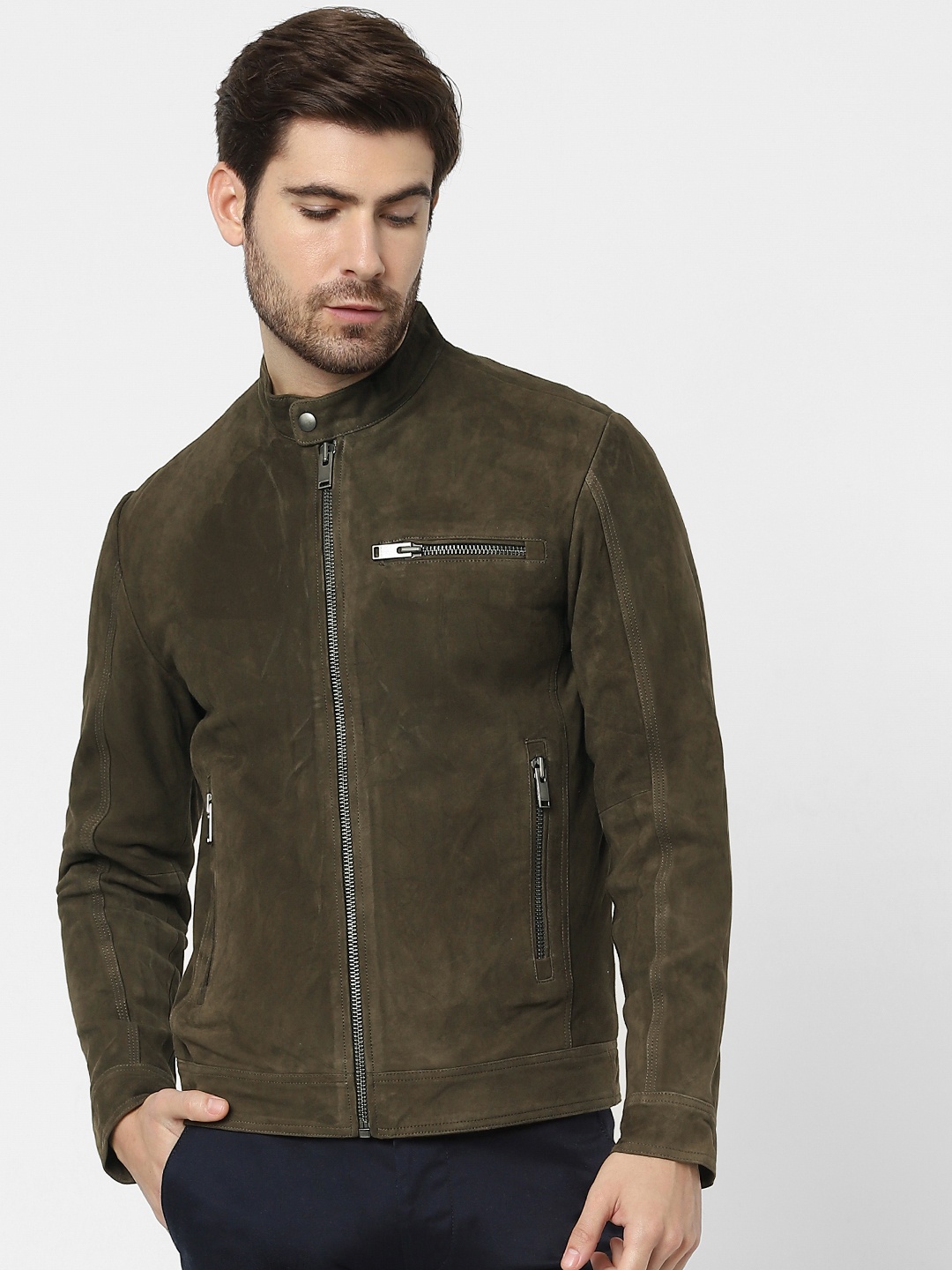 

SELECTED Men Olive Green Solid Suede Biker Jacket