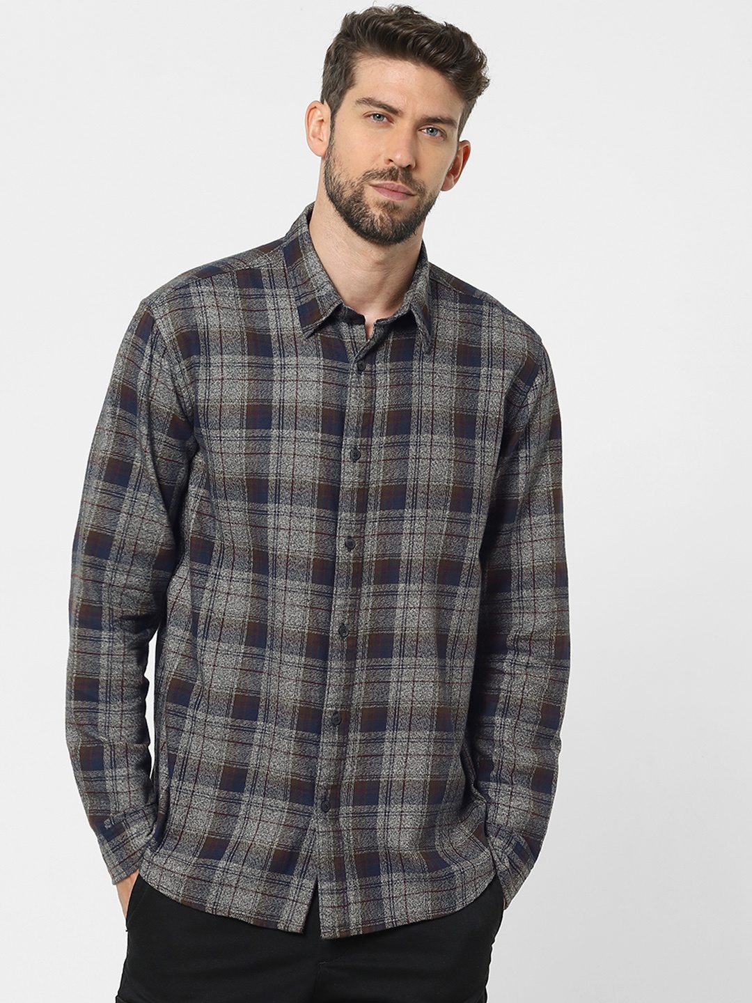 

SELECTED Men Grey & Navy Blue Checked Casual Shirt