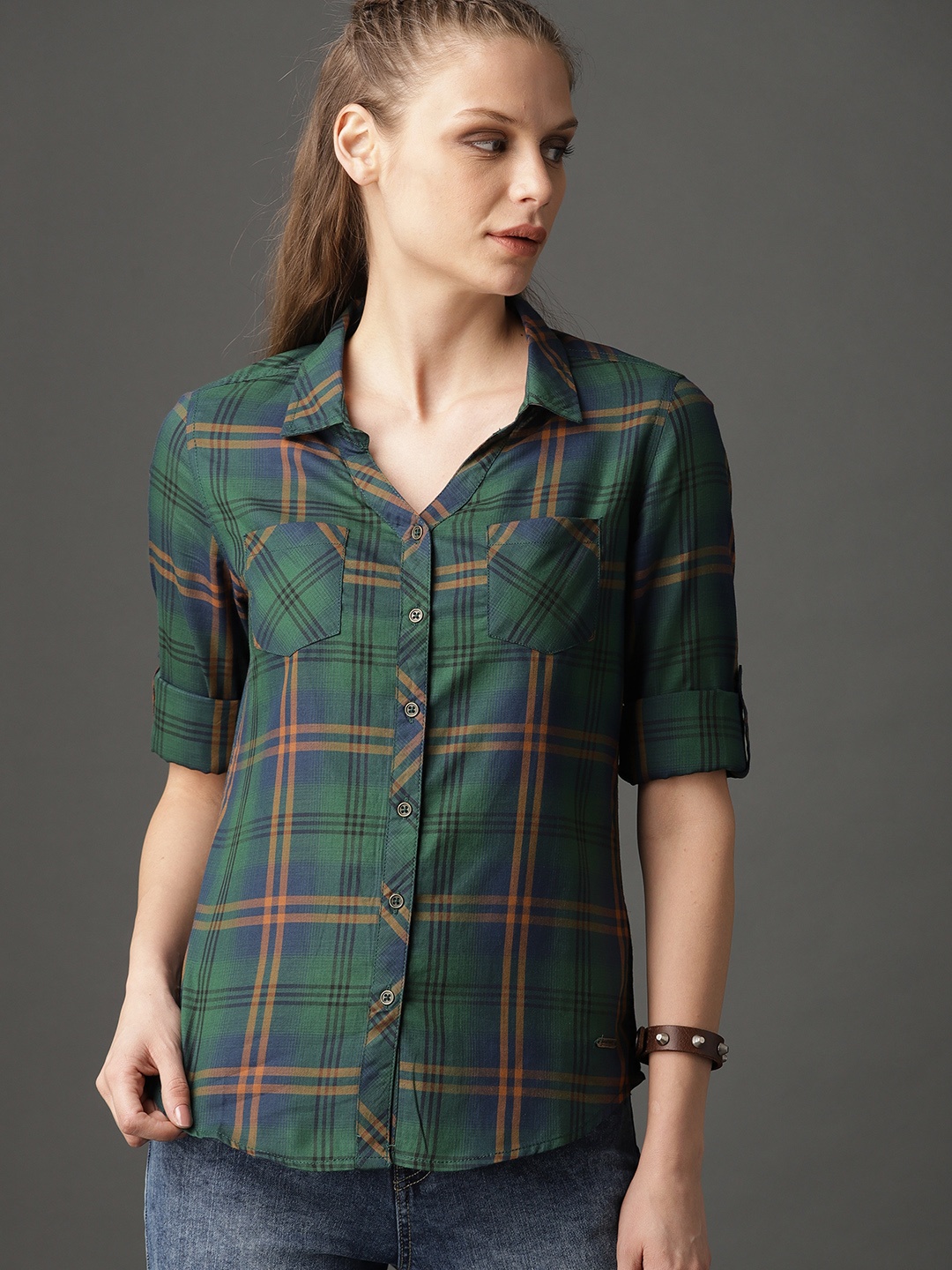 

Roadster Women Green & Navy Blue Slim Fit Checked Sustainable Casual Shirt