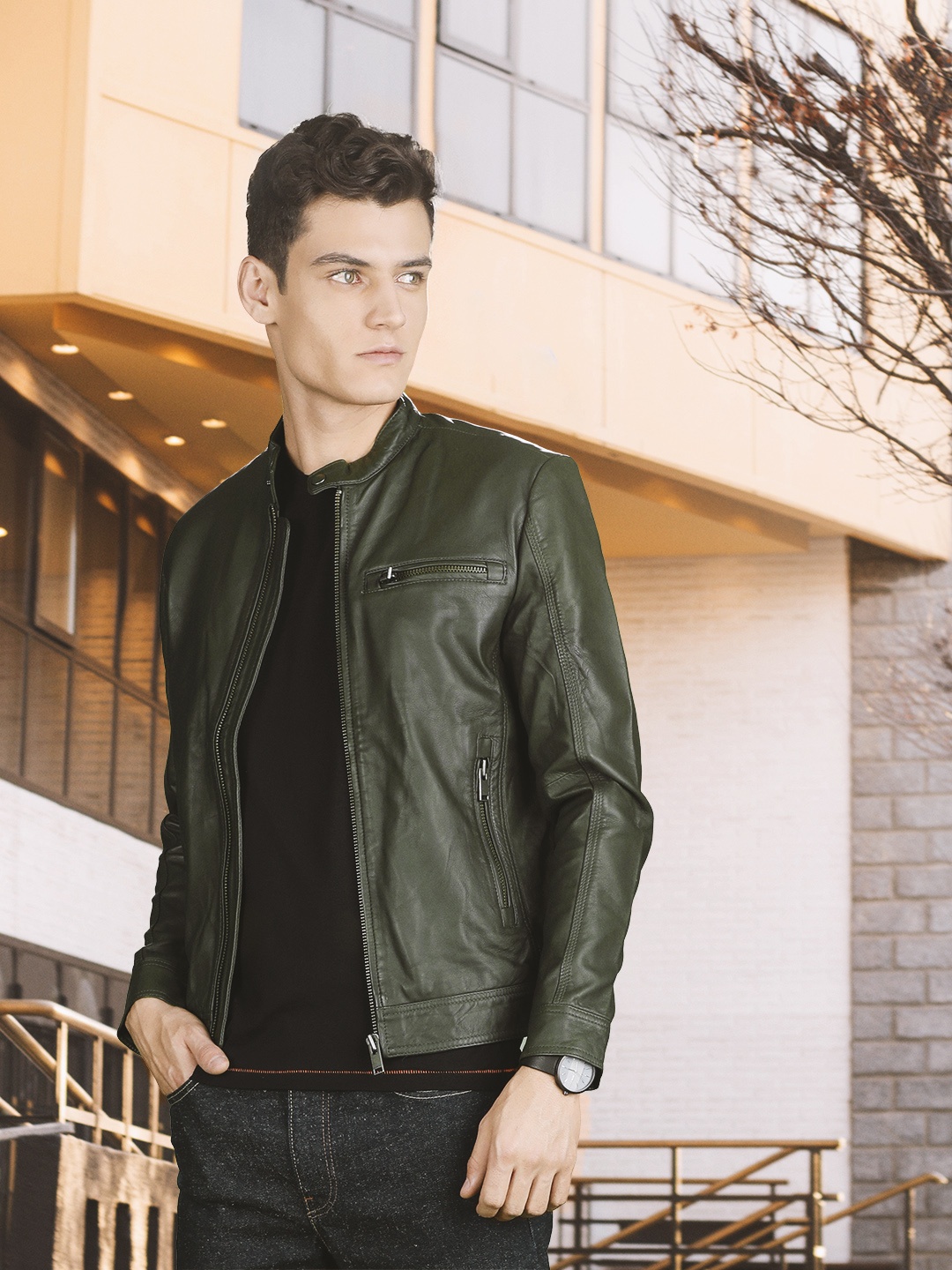 

SELECTED Men Olive Green Solid Biker Jacket