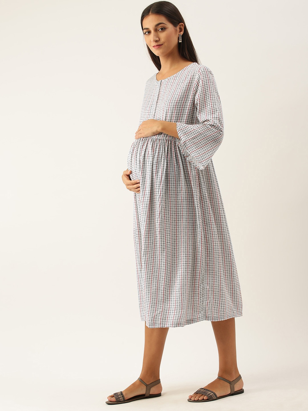 

Nejo Women Off White & Red Checked Fit And Flared Woven Maternity Dress