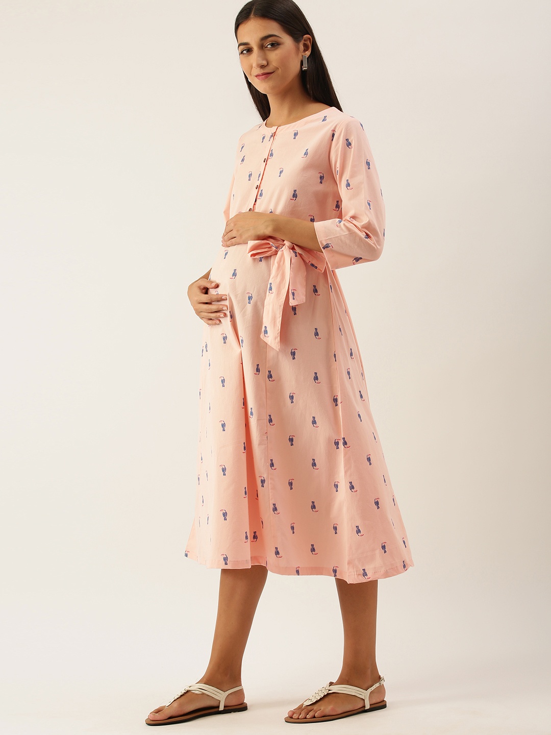 

Nejo Women Pink & Blue Printed Fit & Flared Woven Maternity Dress With waist Tie-Up