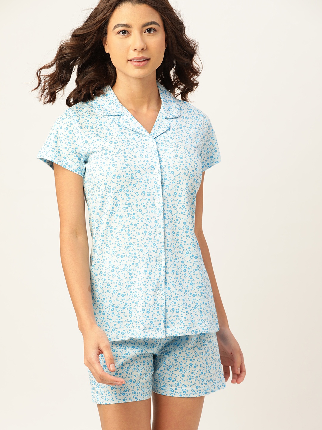 

ETC Women White & Blue Pure Cotton Floral Print Shorts Set