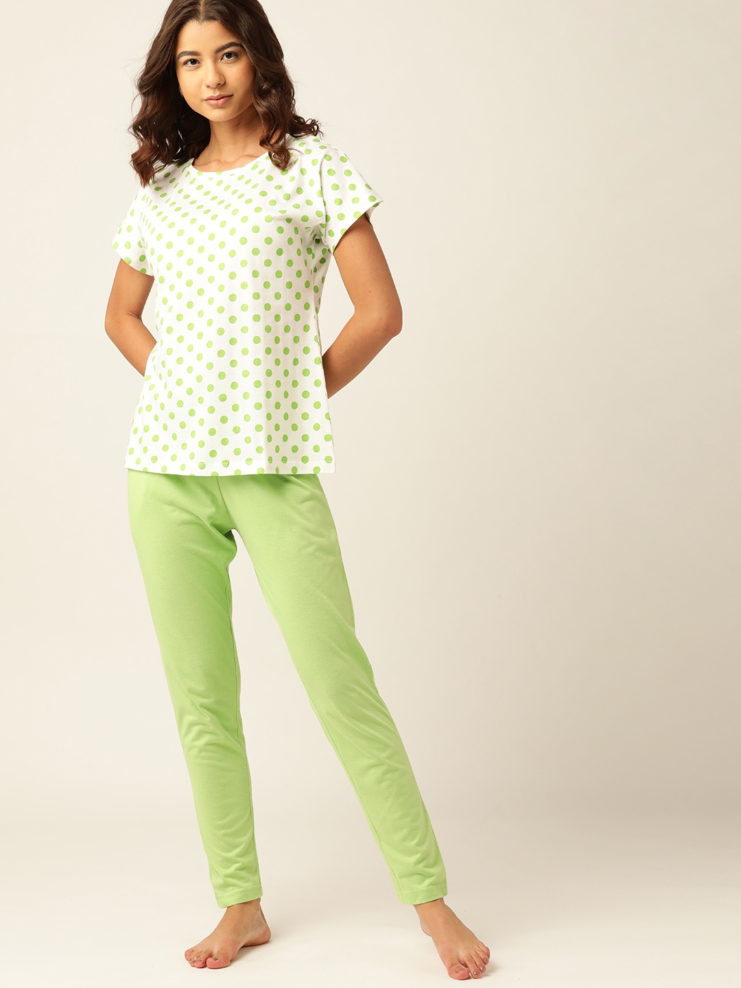 

ETC Women White & Green Pure Cotton Polka Dots Print Pyjama Set