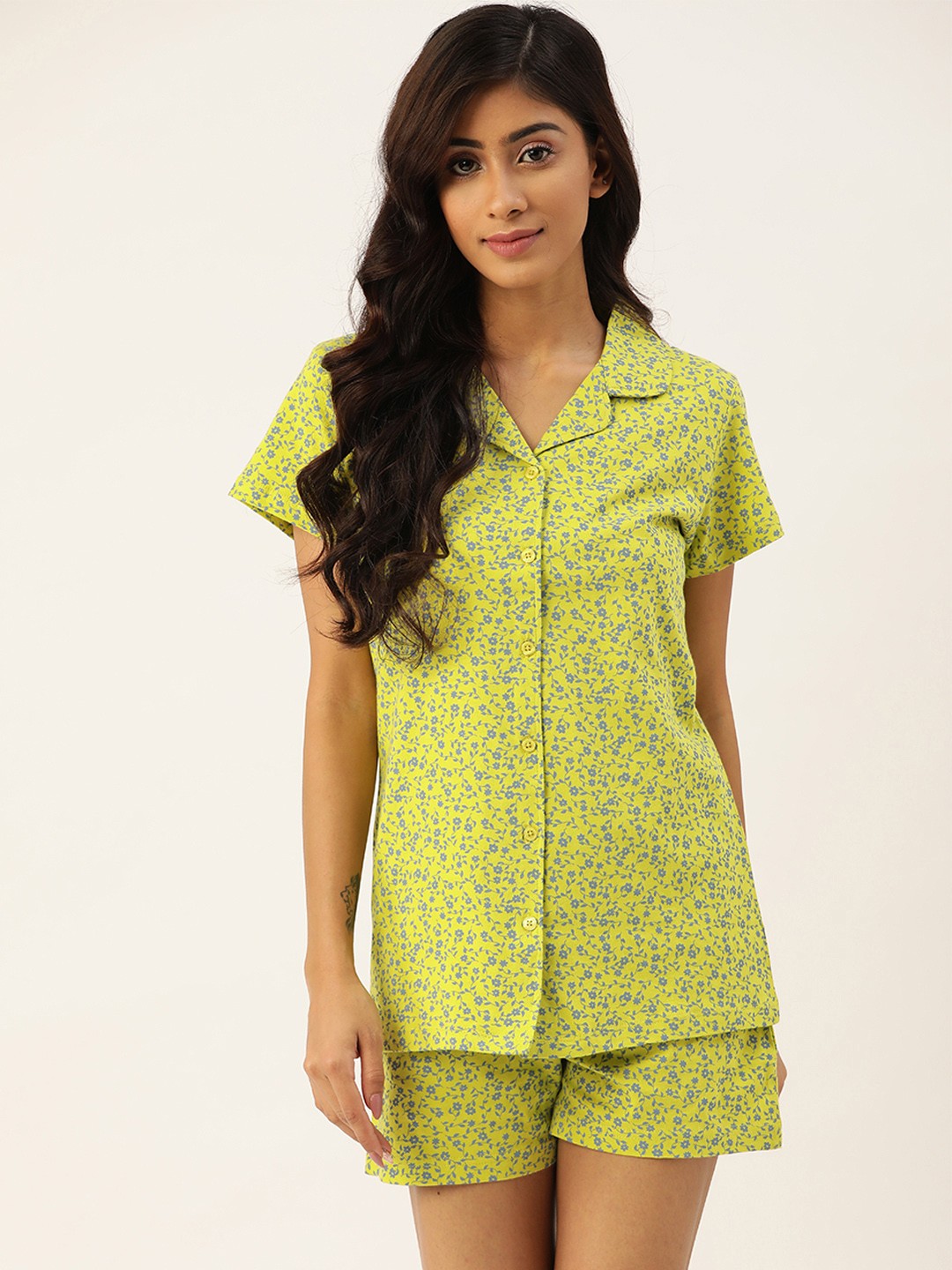 

ETC Women Yellow & Grey Pure Cotton Ditsy Floral Printed Shorts Set