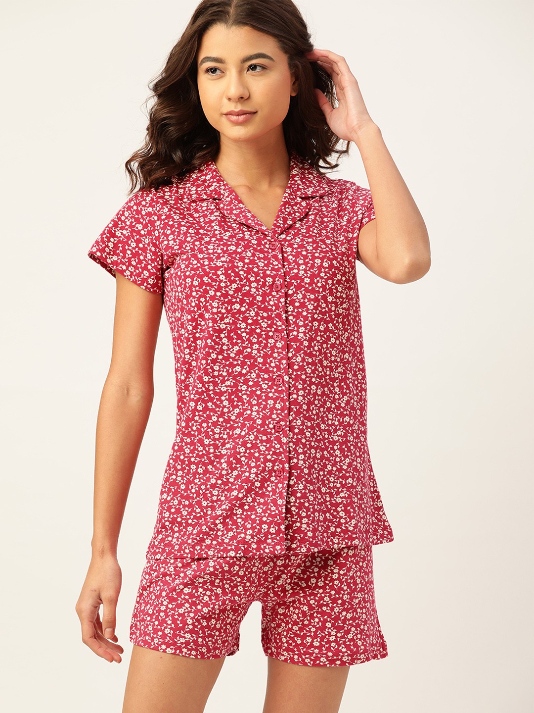 

ETC Women Red & White Pure Cotton Floral Print Shorts Set