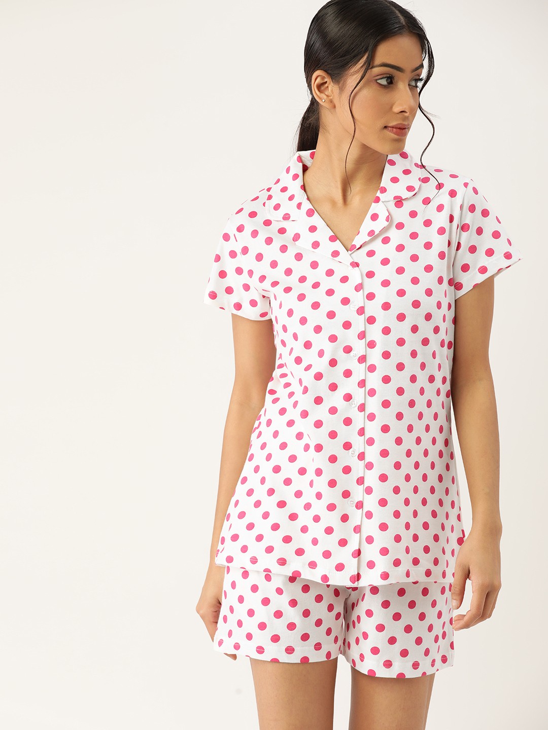 

ETC Women White & Pink Polka Dots Pure Cotton Printed Shorts Set