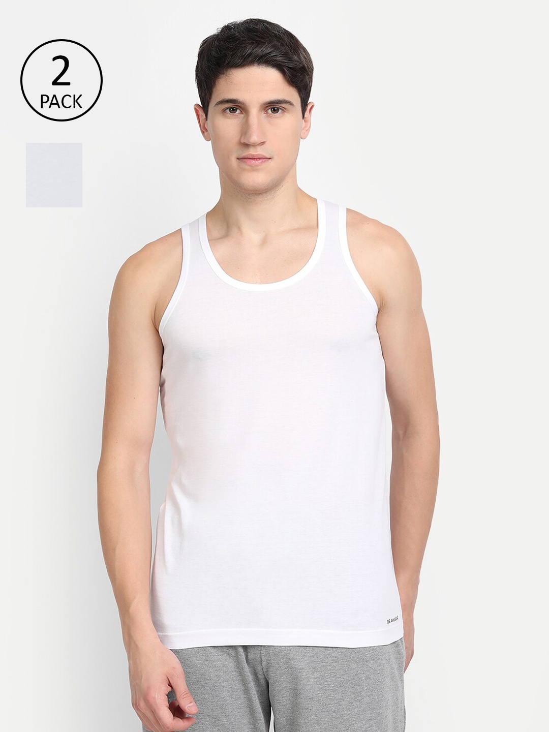 

BE AWARA Men Pack Of 2 White Solid Cotton Innerwear Vests