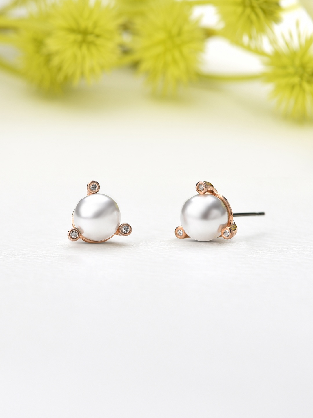 

AMI Rose Gold-Plated Pearls & CZ Stone Studded Contemporary Studs Earrings