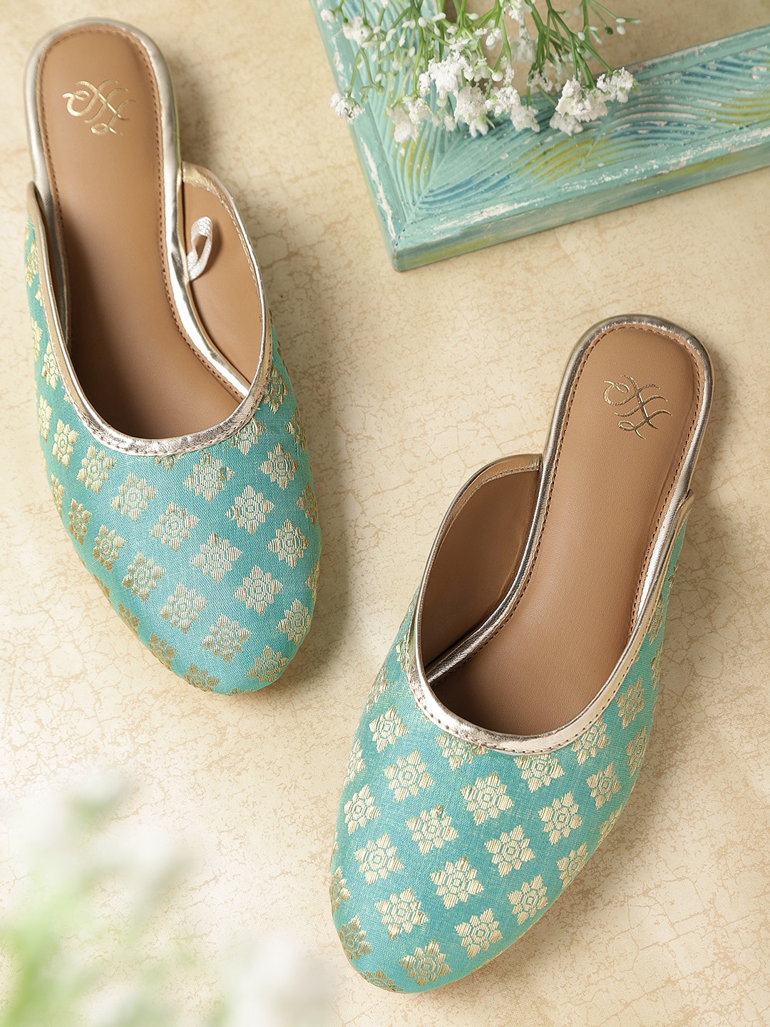 

House of Pataudi Women Sea Green & Gold-Toned Handcrafted Woven Design Mules