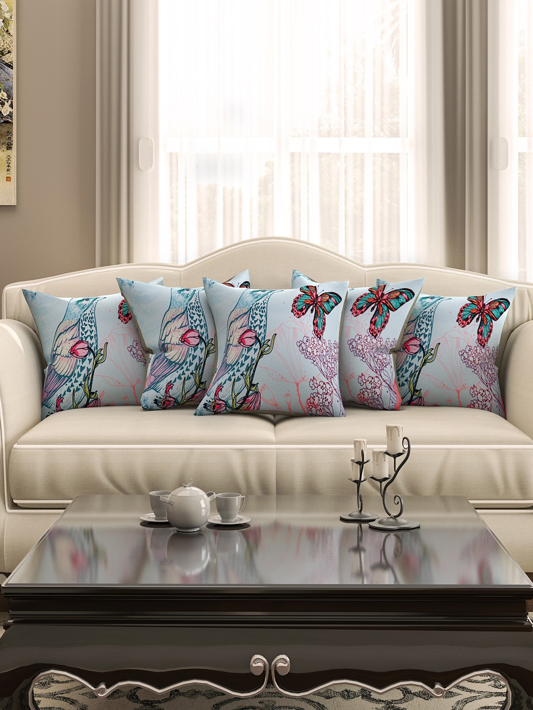 

SEJ by Nisha Gupta Blue Set of 5 Printed 16'' x 16'' Square Cushion Covers