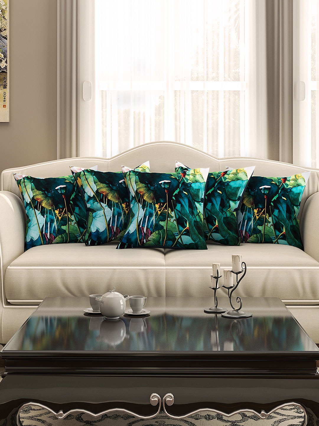 

SEJ by Nisha Gupta Green Set of 5 Tropical Print 16'' x 16'' Square Cushion Covers