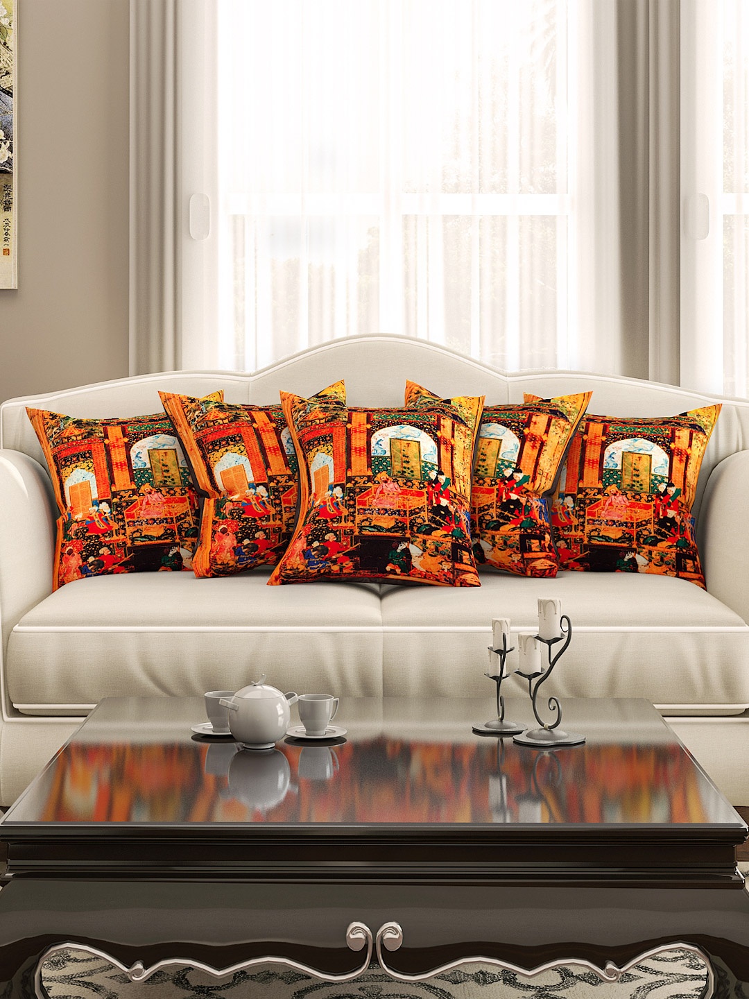 

SEJ by Nisha Gupta Orange Set of 5 Printed 16'' x 16'' Square Cushion Covers