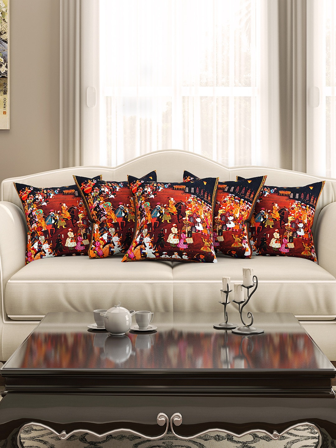 

SEJ by Nisha Gupta Multicoloured Set of 5 Printed 16'' x 16'' Square Cushion Covers, Multi