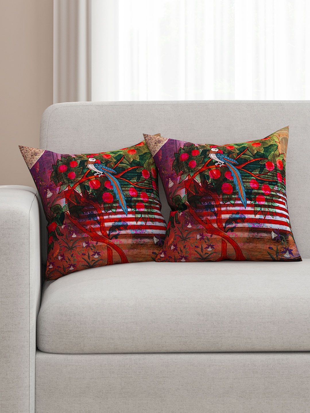 

SEJ by Nisha Gupta Multicoloured Set of 2 Printed 16'' x 16'' Square Cushion Covers, Multi