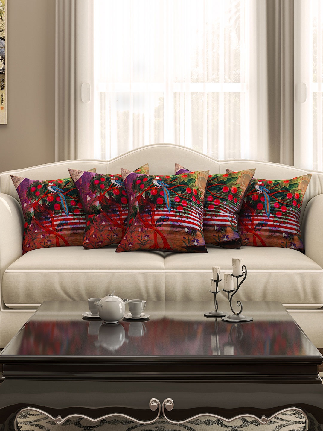 

SEJ by Nisha Gupta Multicoloured Set of 5 Printed 16'' x 16'' Square Cushion Covers, Multi