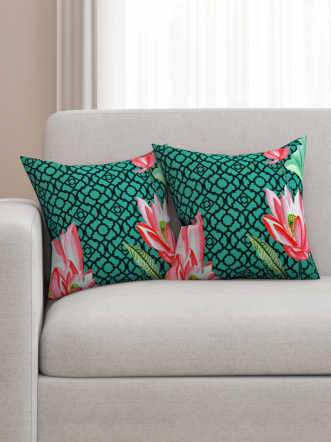 

SEJ by Nisha Gupta Green Set of 2 Floral Print 16'' x 16'' Square Cushion Covers