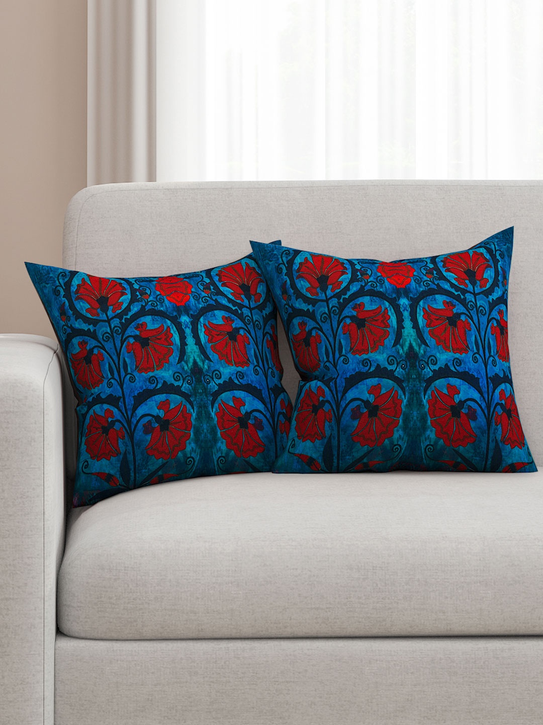 

SEJ by Nisha Gupta Blue Set of 2 Floral Print 16'' x 16'' Square Cushion Covers