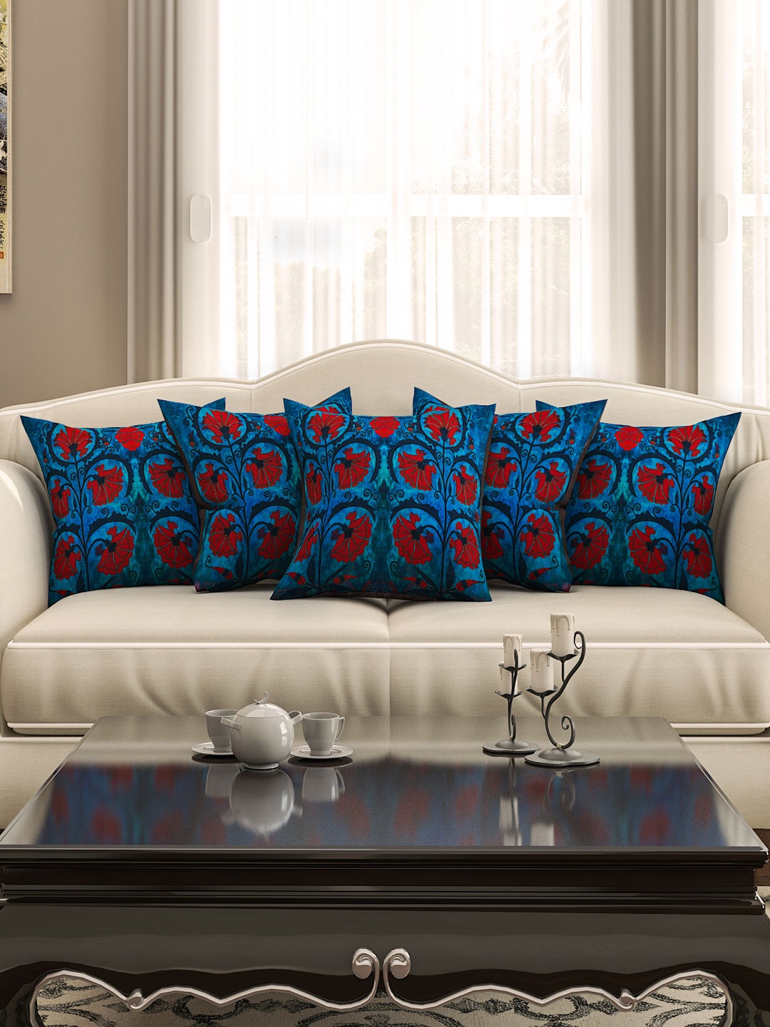 

SEJ by Nisha Gupta Blue Set of 5 Printed 16'' x 16'' Square Cushion Covers