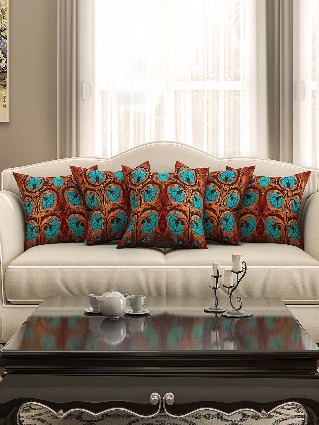 

SEJ by Nisha Gupta Brown Set of 5 Floral Print 16'' x 16'' Square Cushion Covers