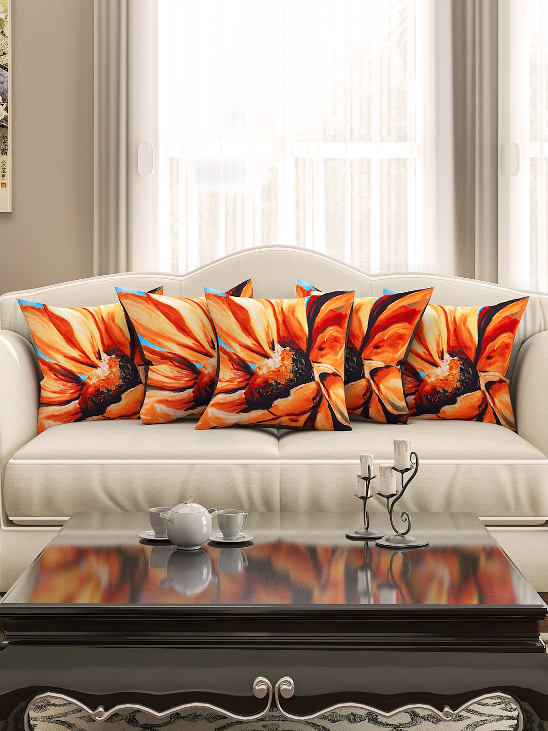 

SEJ by Nisha Gupta Orange Set of 5 Floral Print 16'' x 16'' Square Cushion Covers