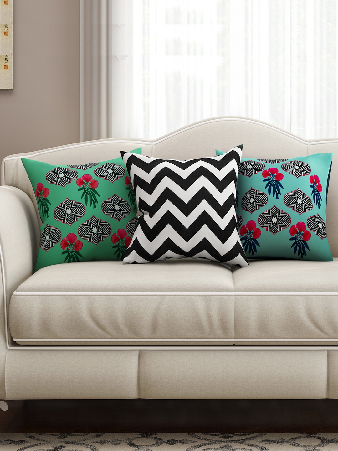 

SEJ by Nisha Gupta Multicoloured Set of 3 Printed 16" x 16" Square Cushion Covers, Multi
