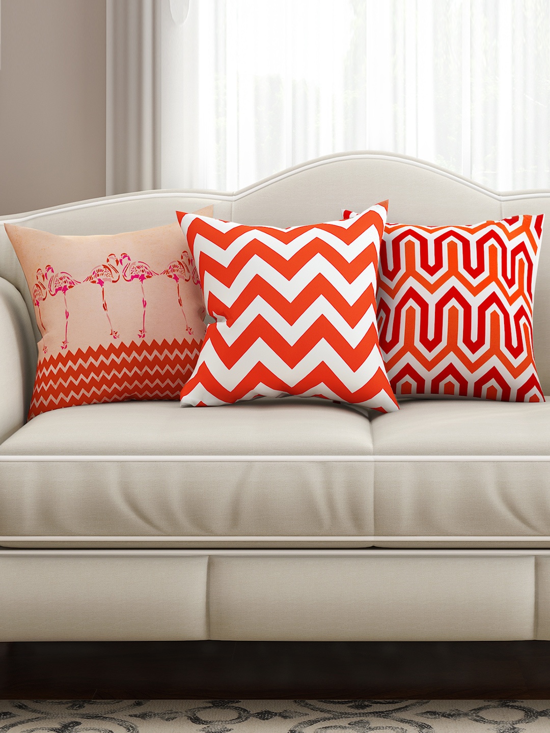 

SEJ by Nisha Gupta Red & Orange Set of 3 Printed 16" x 16" Square Cushion Covers