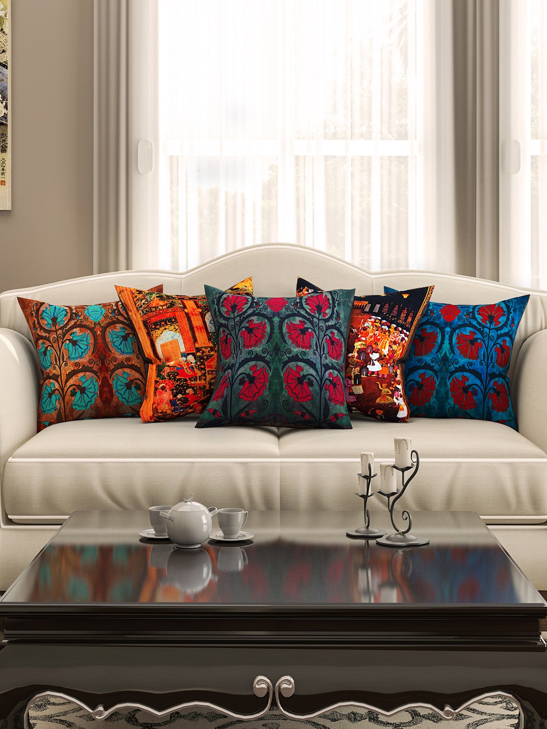 

SEJ by Nisha Gupta Multicoloured 16" x 16" Set of 5 Square Printed Cushion Covers, Multi