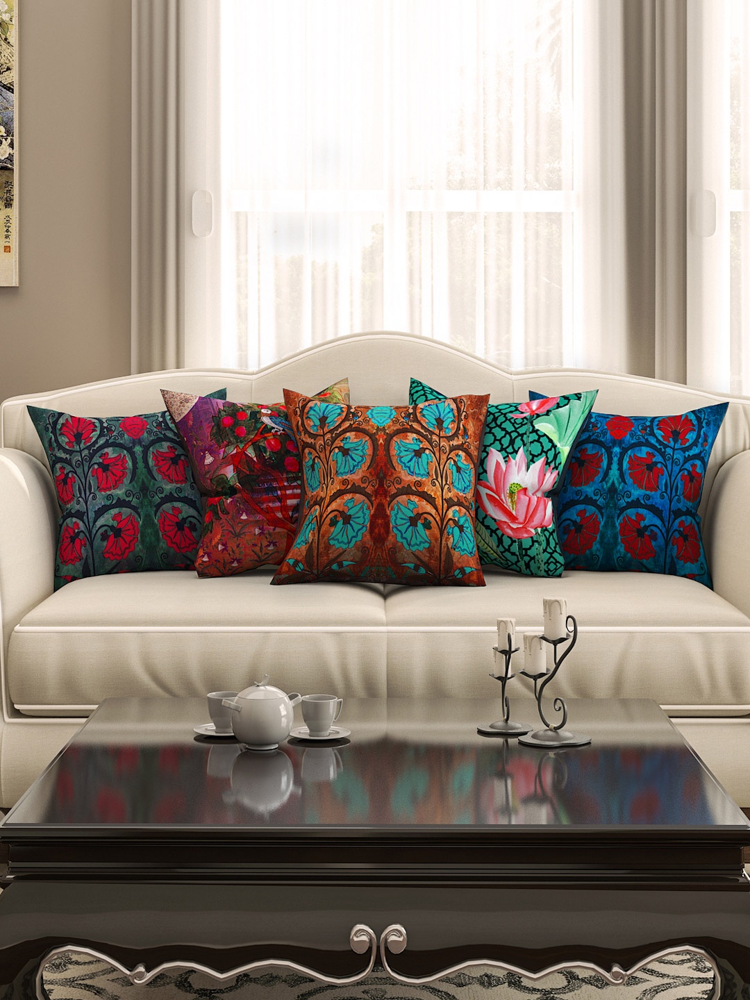 

SEJ by Nisha Gupta Multicoloured 16" x 16" Set of 5 Square Printed Cushion Covers, Multi