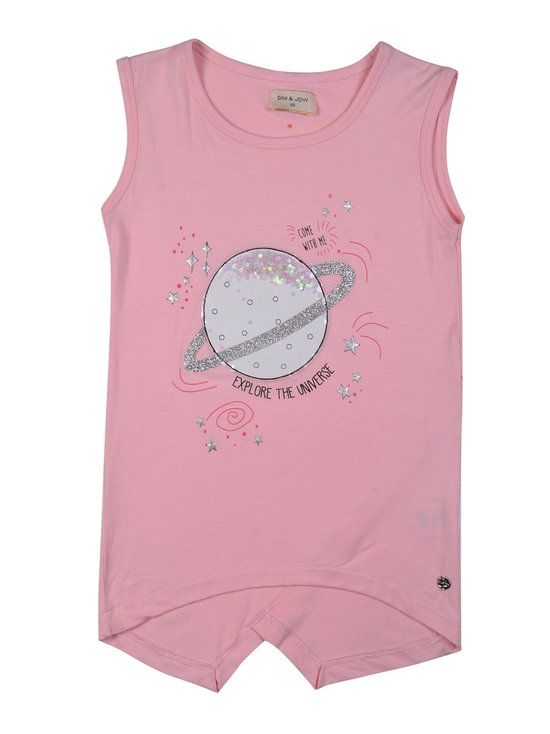 

Gini and Jony Girls Pink Graphic Printed Sequined Regular Top