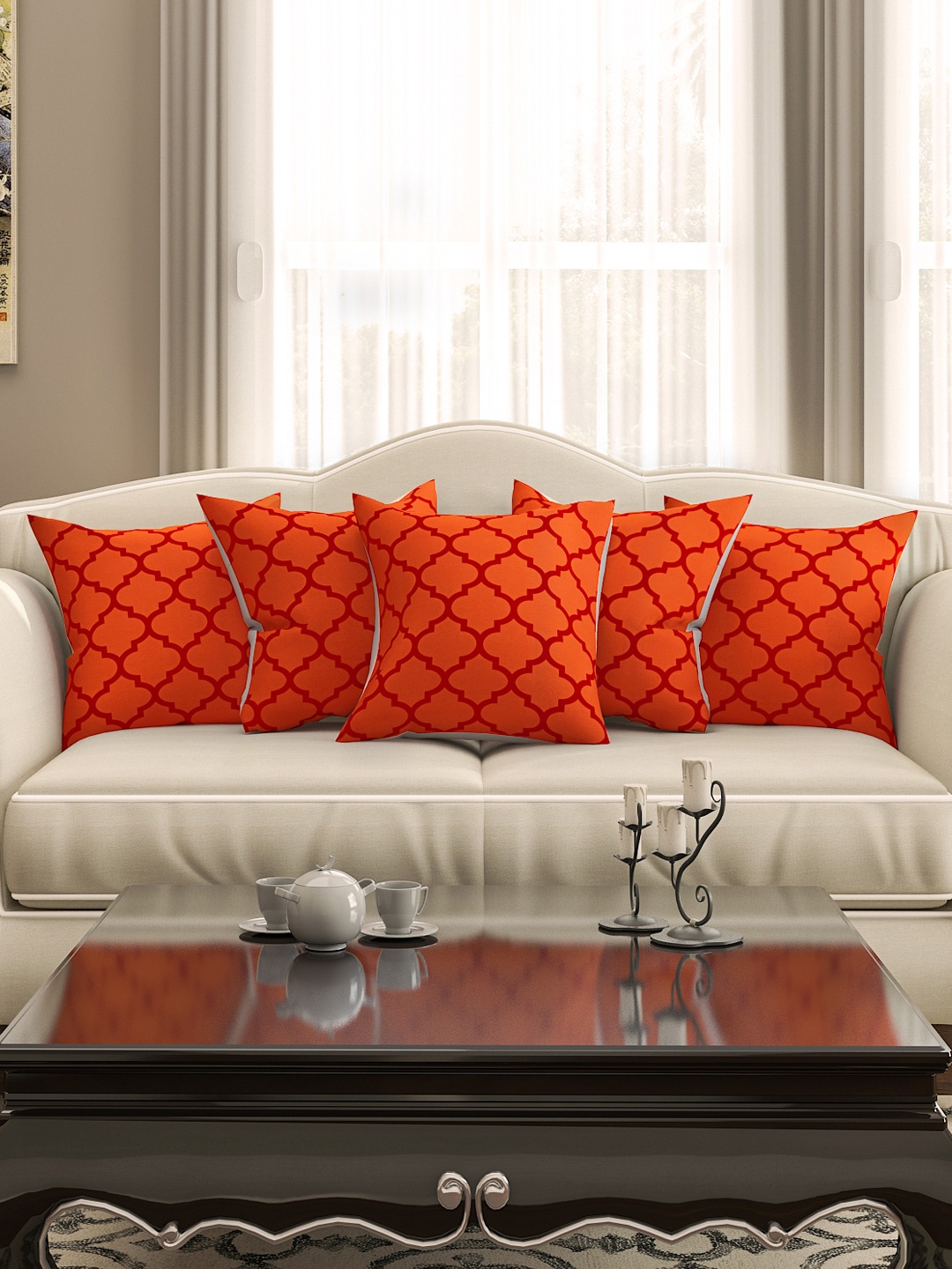 

SEJ by Nisha Gupta Set of 5 Orange Printed 16'' x 16'' Square Cushion Covers