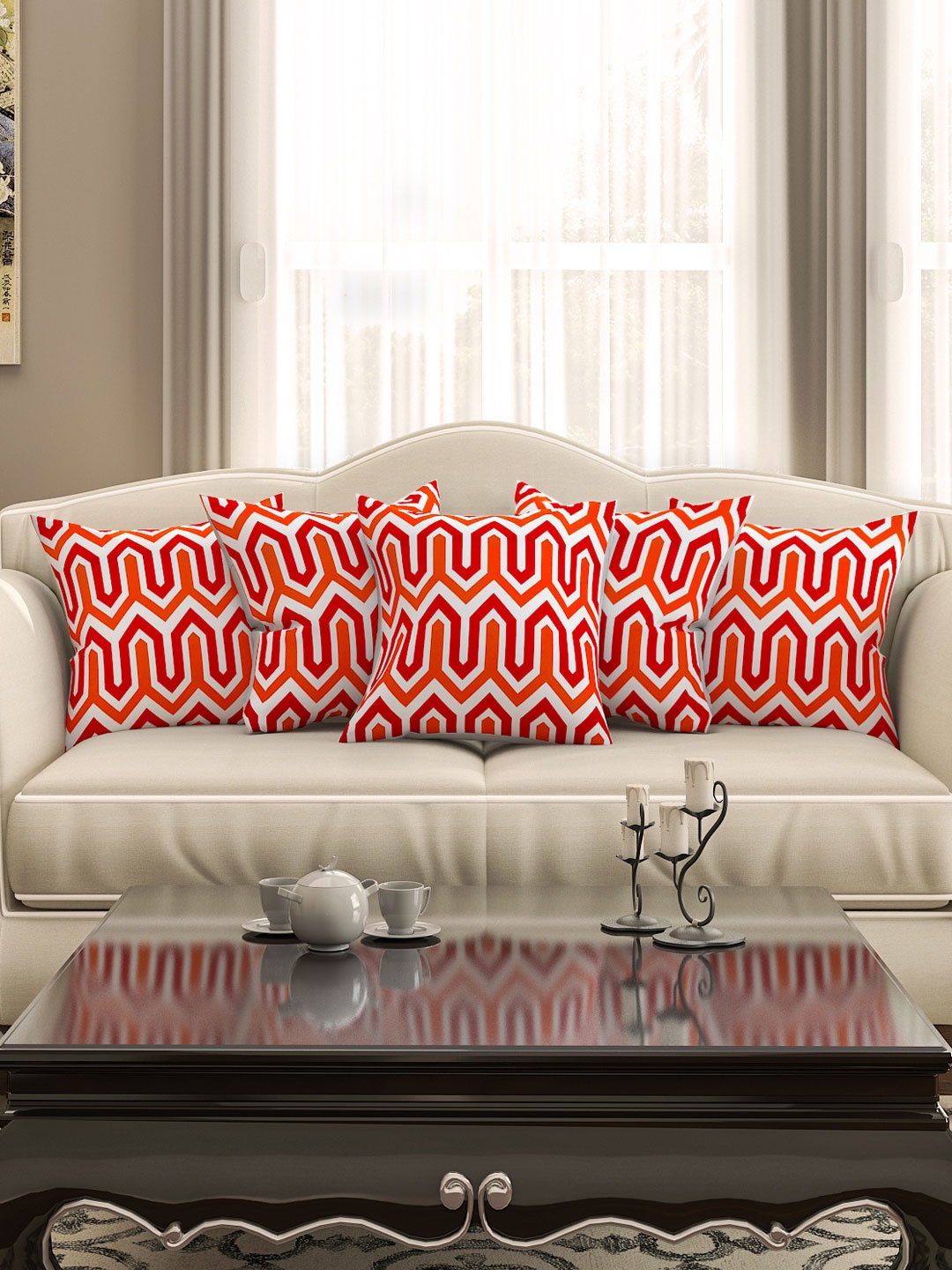 

SEJ by Nisha Gupta Set of 5 Orange Printed 16'' x 16'' Square Cushion Covers