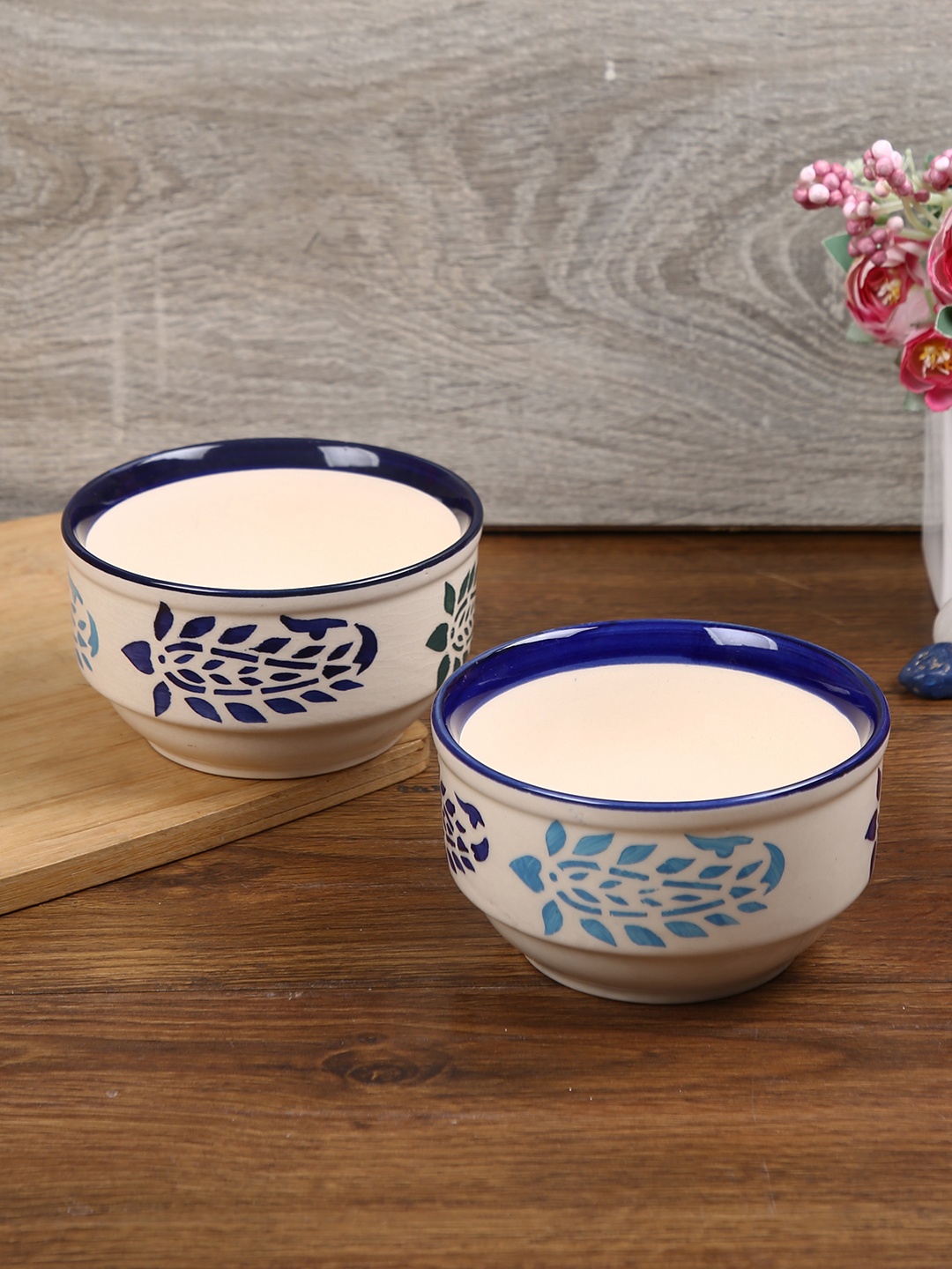 

Aapno Rajasthan White & Blue 4 Pieces Textured Ceramic Glossy Bowls