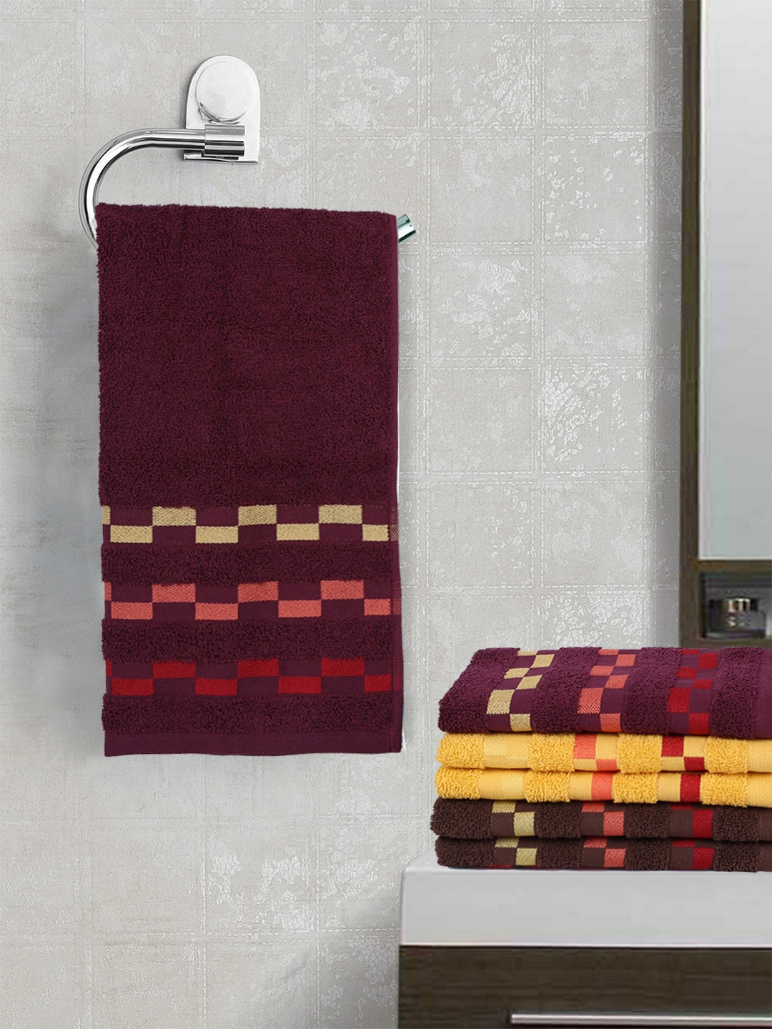 

BIANCA Yellow & Brown Set Of 6 Mercerized Combed Cotton Bumpy-Striped Towels, Purple