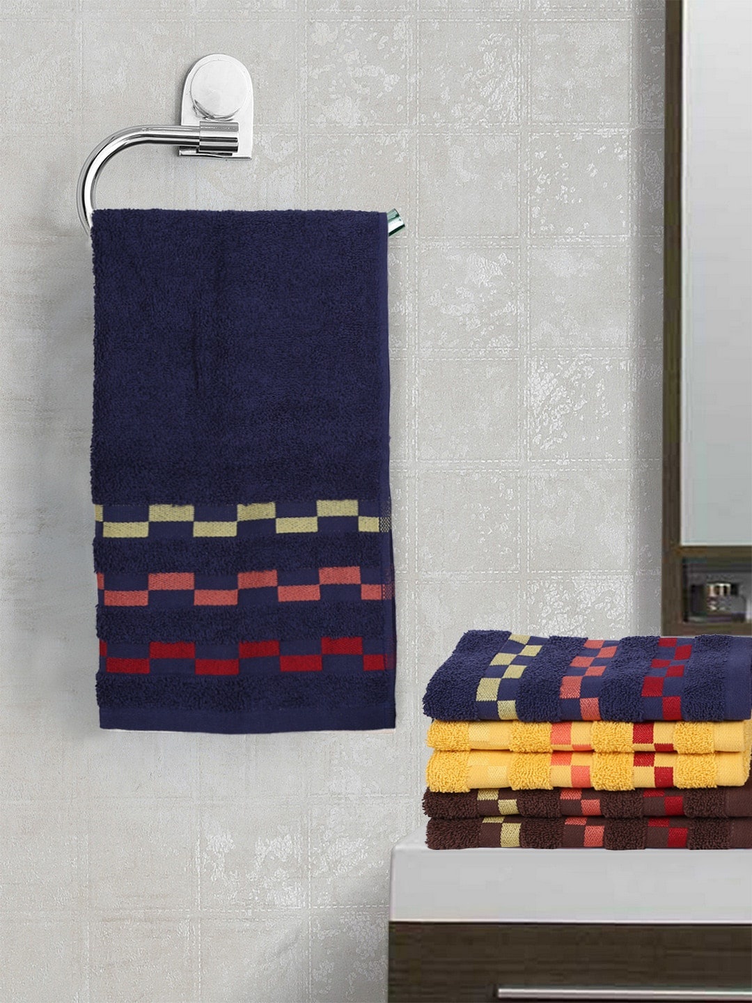 

BIANCA Set Of 6 Mercerized Combed Cotton Bumpy-Striped Towels, Navy blue