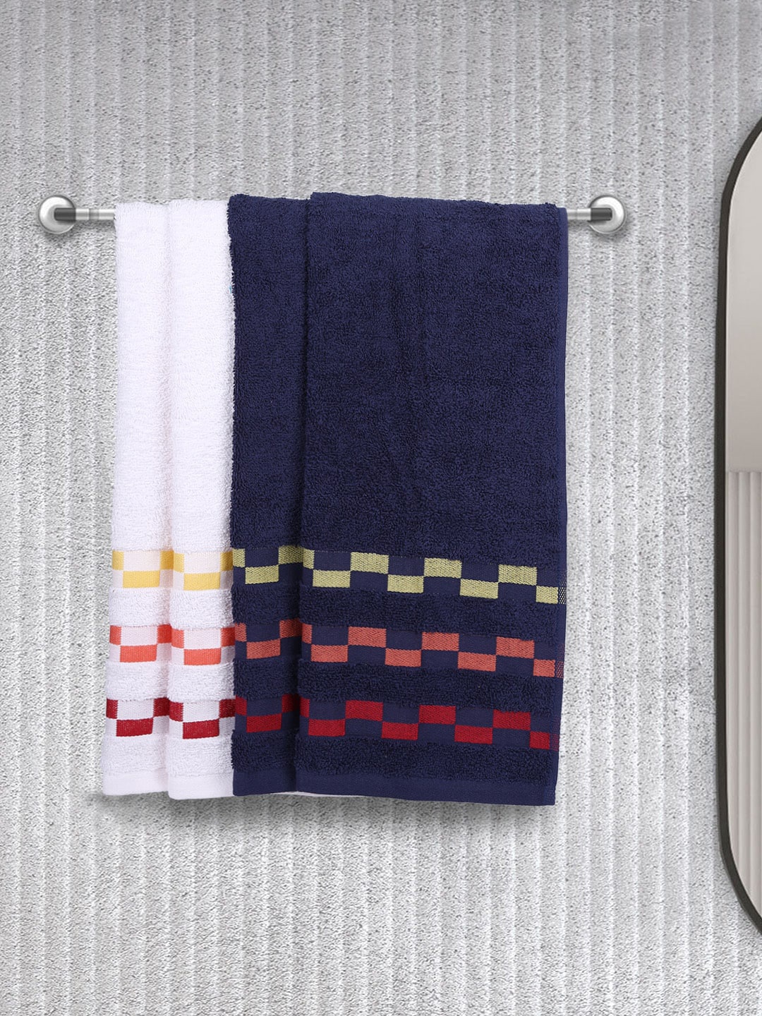 

BIANCA Set Of 4 Mercerized Combed Cotton Bumpy-Striped Towels, Navy blue