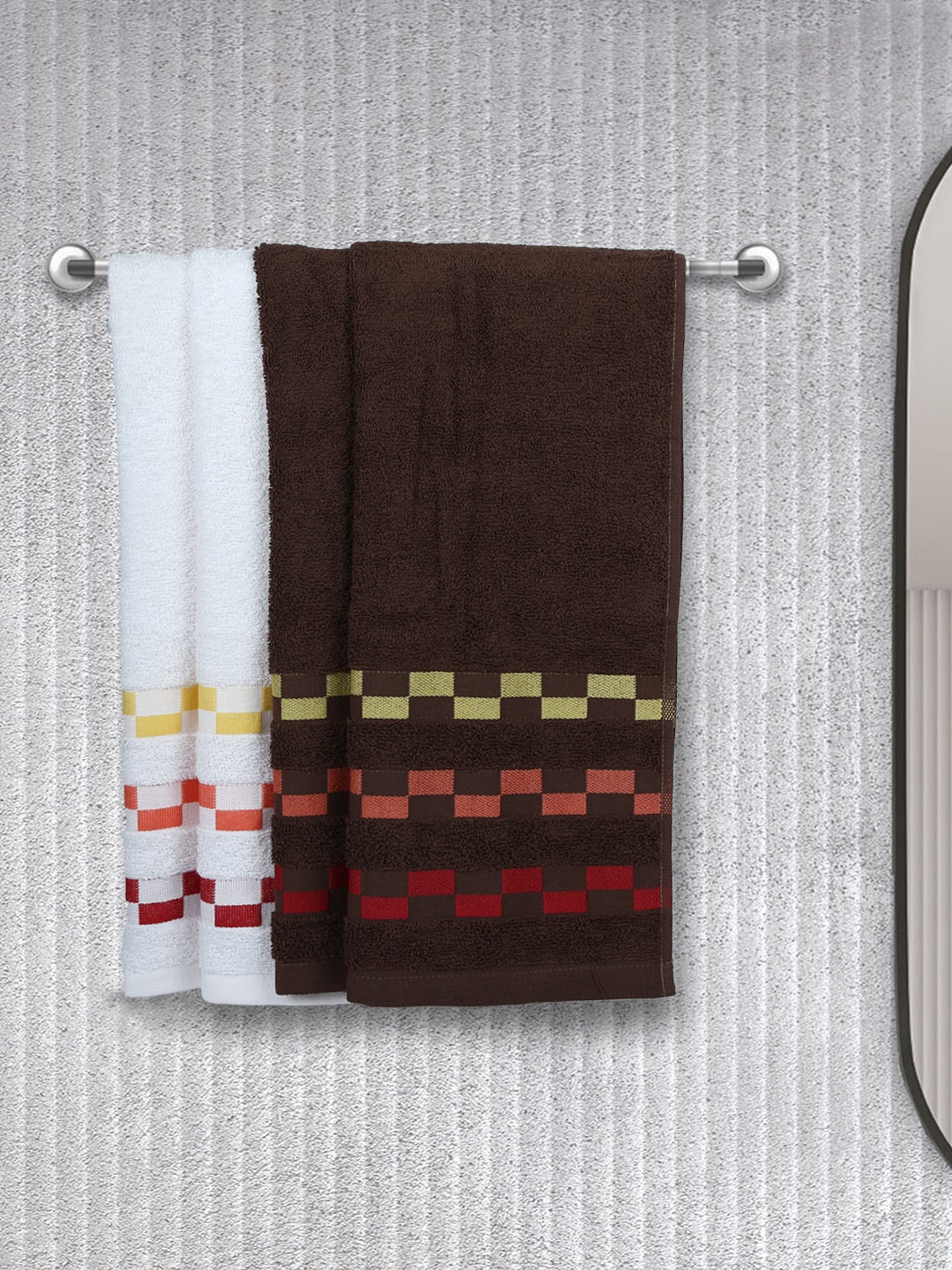 

BIANCA Set Of 4 Mercerized Combed Cotton Bumpy-Striped Towels, Brown