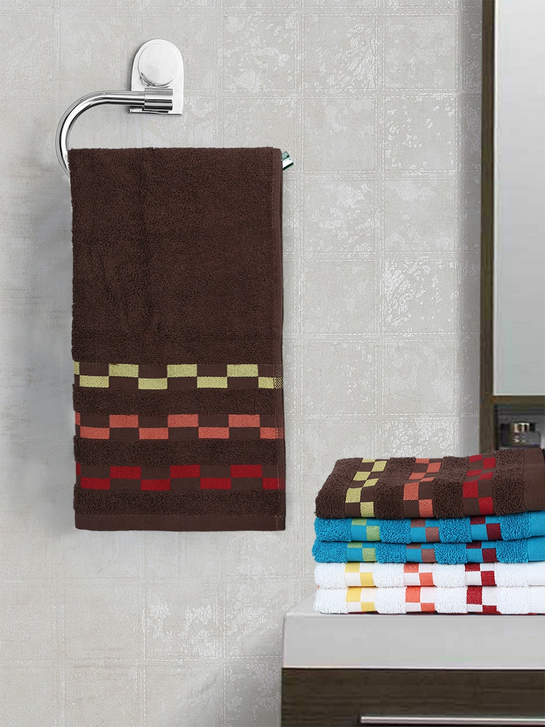 

BIANCA Set Of 6 Mercerized Combed Cotton Bumpy-Striped Towels, Brown