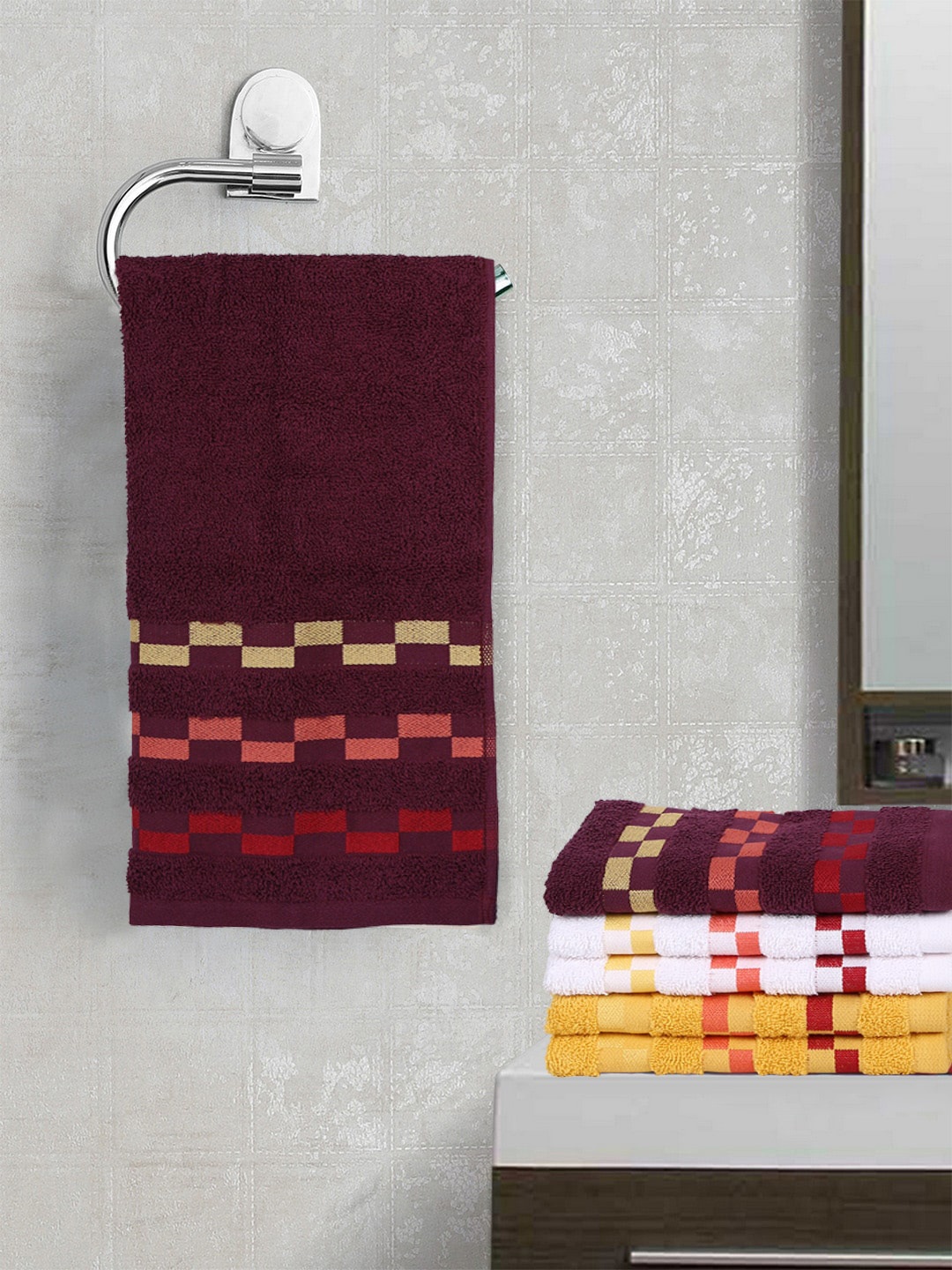 

BIANCA Set Of 6 Mercerized Combed Cotton Bumpy-Striped Towels, Purple