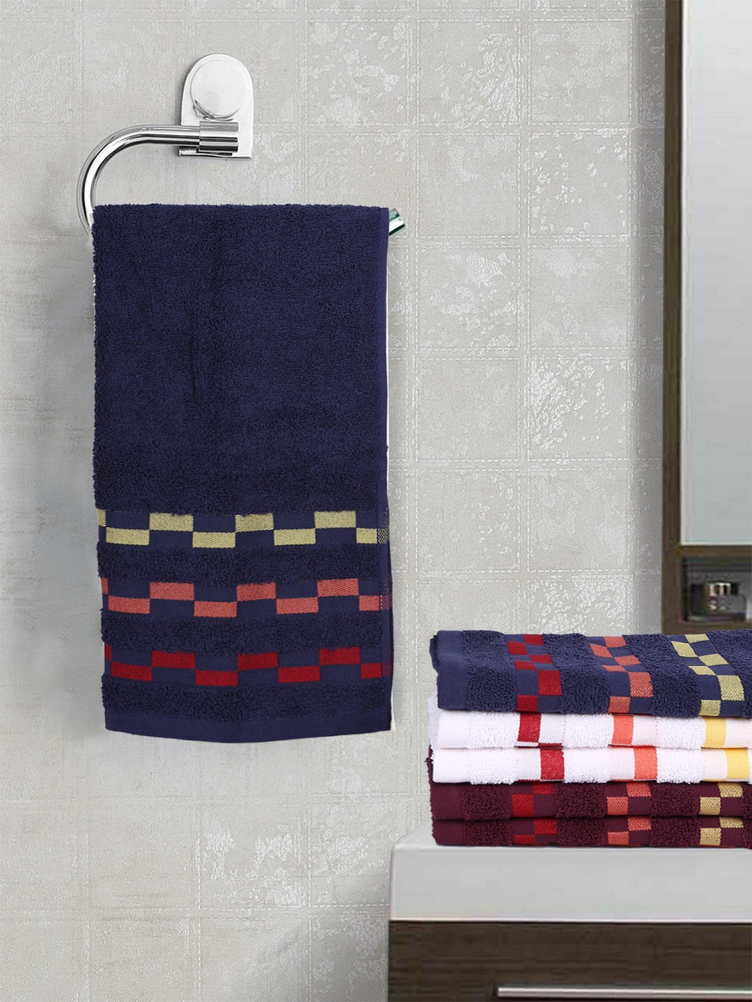 

BIANCA Set Of 6 Mercerized Combed Cotton Bumpy-Striped Towels, Navy blue