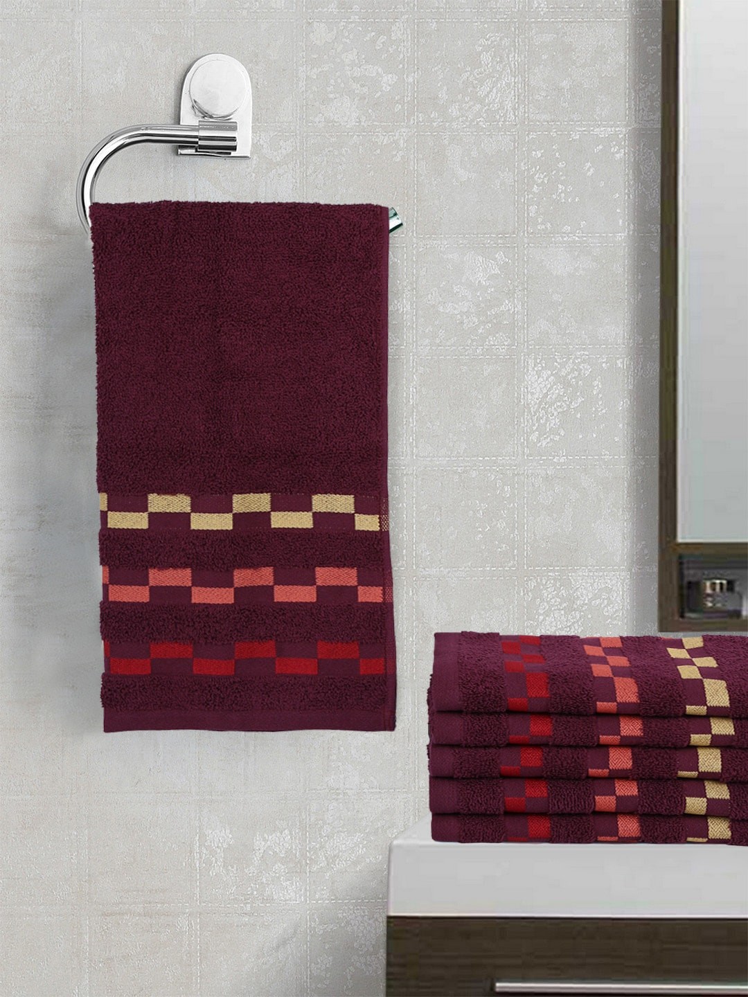 

BIANCA Burgundy Set Of 6 Mercerized Combed Cotton Bumpy-Striped Towels