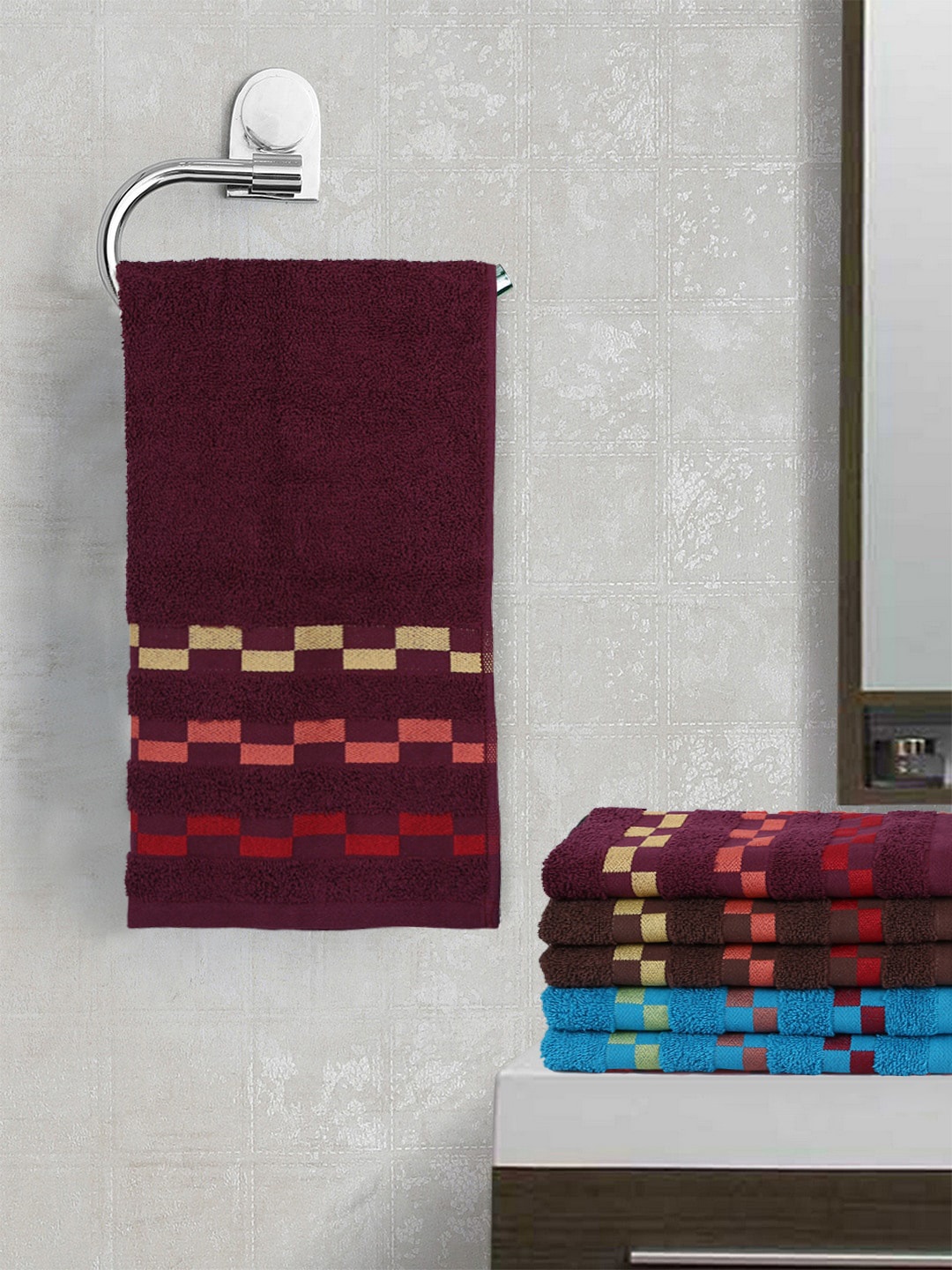 

BIANCA Set Of 6 Mercerized Combed Cotton Bumpy-Striped Towels, Purple