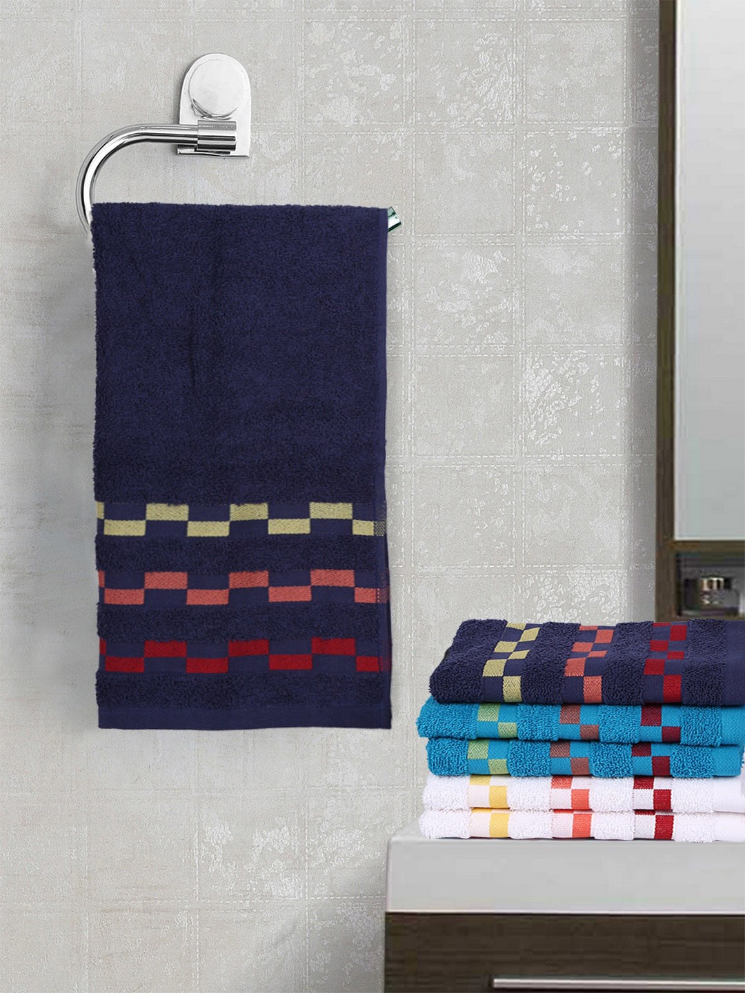 

BIANCA Set Of 6 Mercerized Combed Cotton Bumpy-Striped Towels, Navy blue