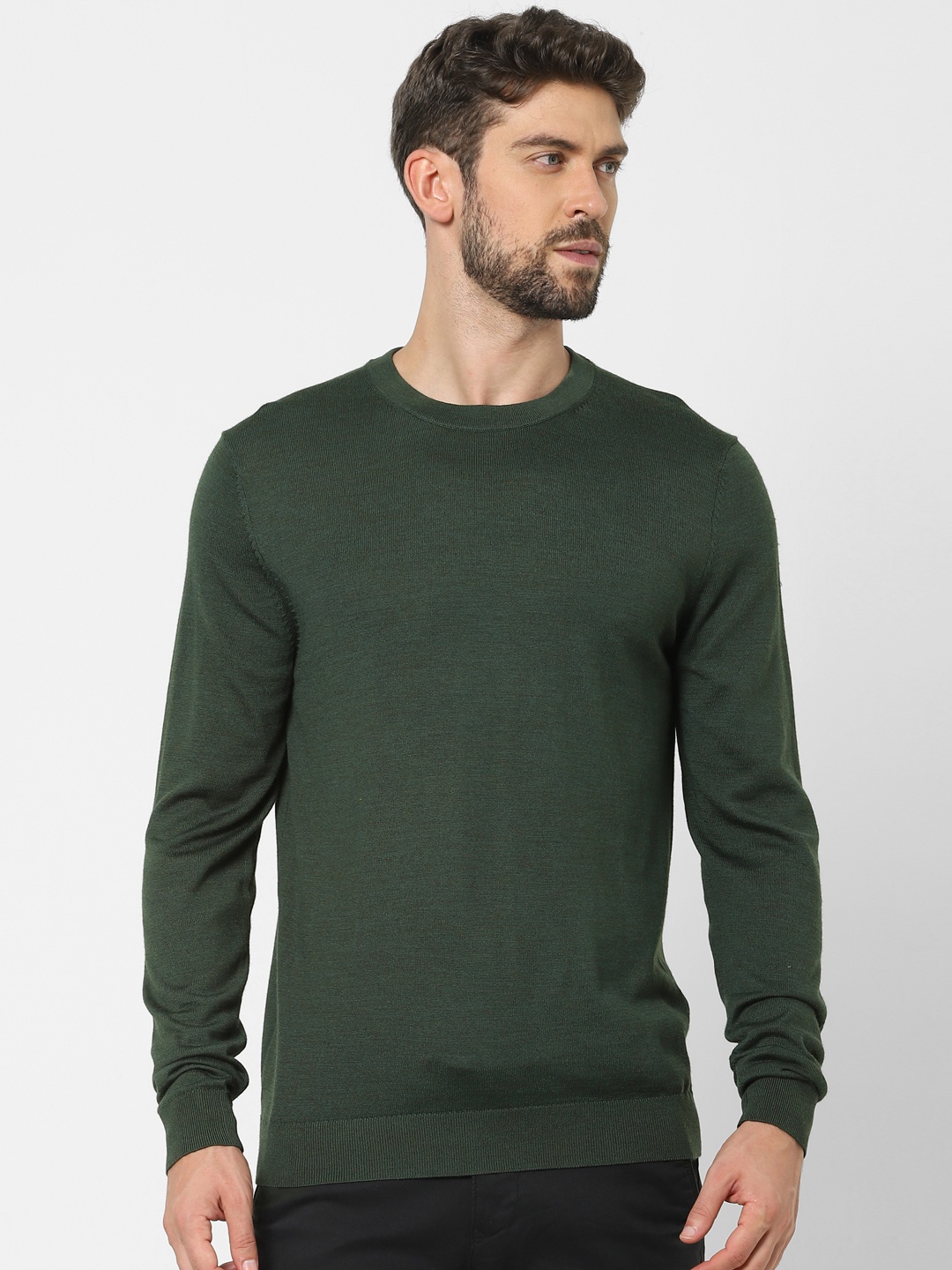 

SELECTED Men Green Solid Pullover Sweater