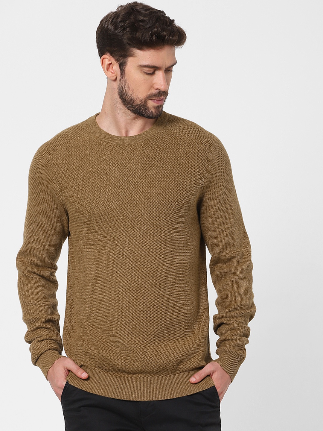 

SELECTED Men Brown Self Design Organic Cotton Pullover Sweater