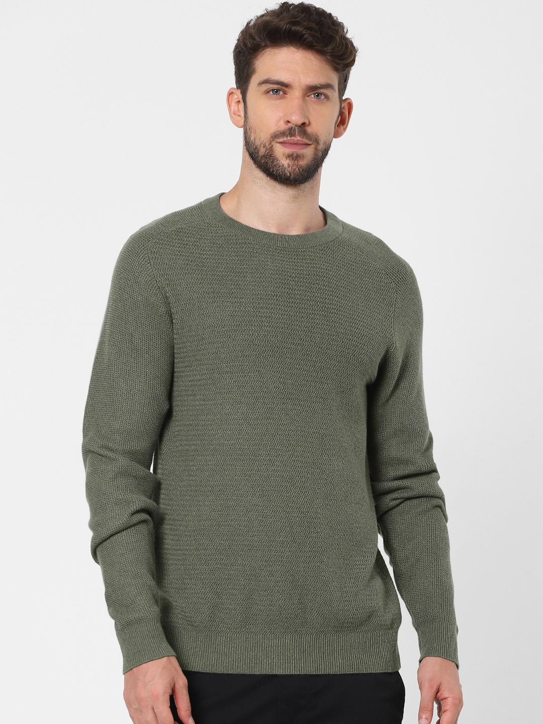 

SELECTED Men Olive Green Self Design Organic Cotton Pullover Sweater