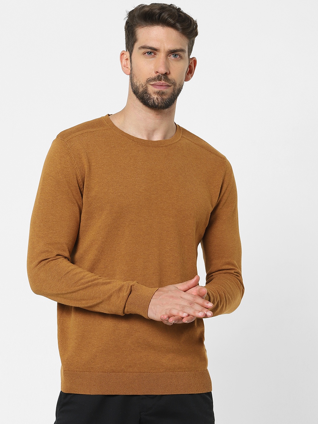 

SELECTED Men Mustard Yellow Solid Pullover Sweatshirt